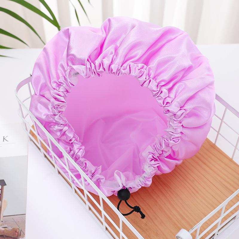 

Double-layer oversized drawstring adjustable shower cap with waterproof black satin + PEVA material фіолетовий