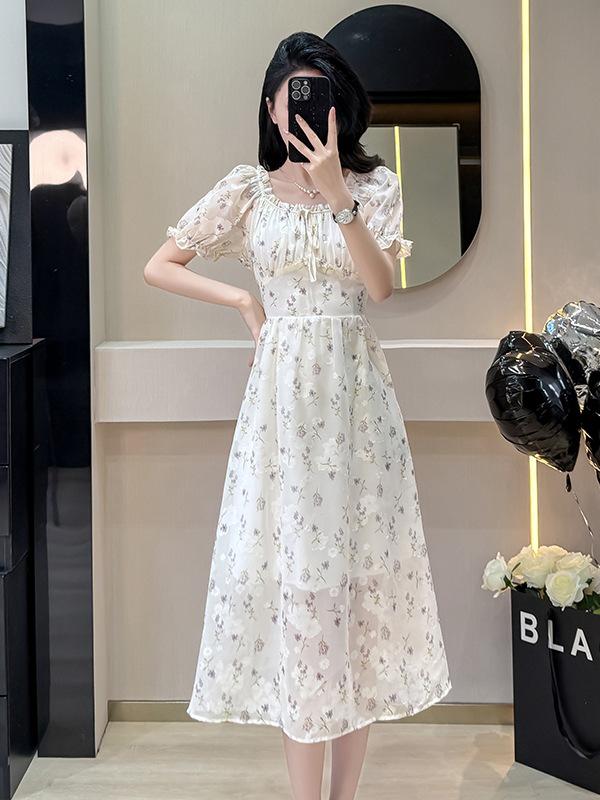 French Ruffle Square Neck Floral Jacquard Midi Dress with Puff Sleeves