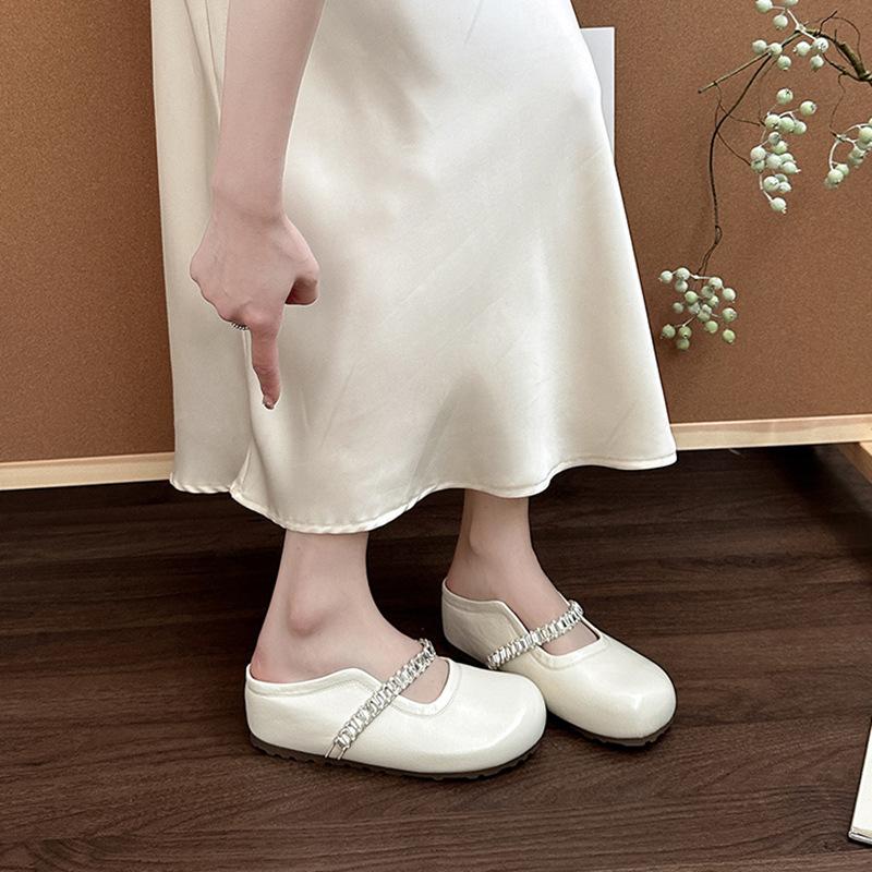 Retro rhinestone word with bag head half slippers women's summer fashion versatile leather shoe buckle with skirt cool slippers