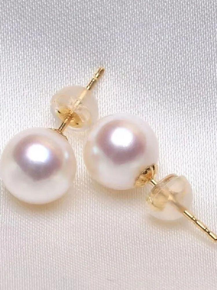 Gorgeous AAA+ 9-10mm Natural AKOYA White Pearl Stud Women Earrings 14K GOLD Freeshippings Items 9-10mmGold-color белый