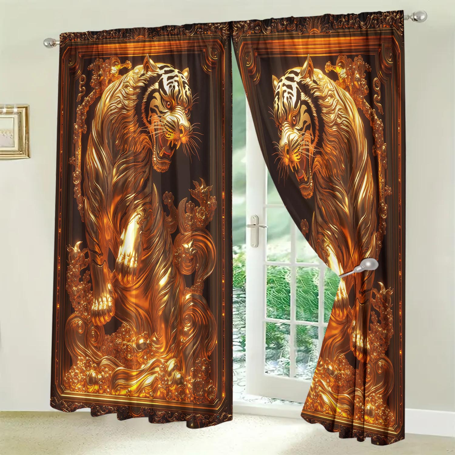 

2-Panels Golden Tiger Statue Semi Blackout Curtain - Shade and Privacy Protection Suitable for Decorating Various Rooms 100*130 HOOK 1pcs