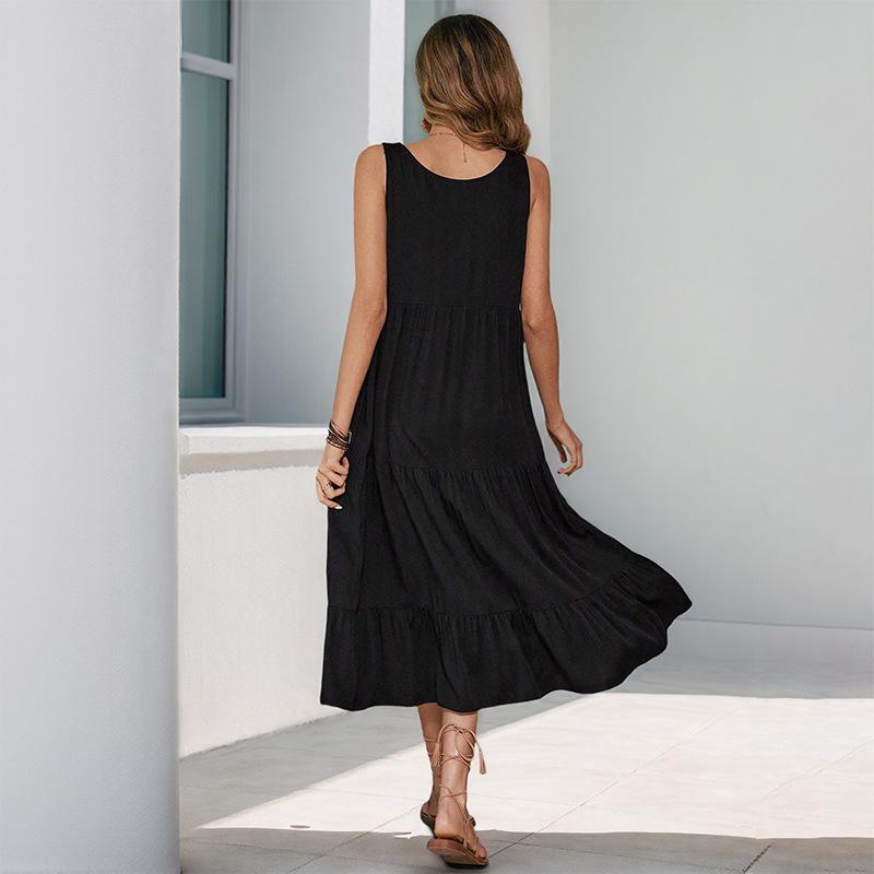 VEZFAA Women's Fashion Summer Spring Solid Color Print Sleeveless U-Neck Loose Waistline Casual Dresses