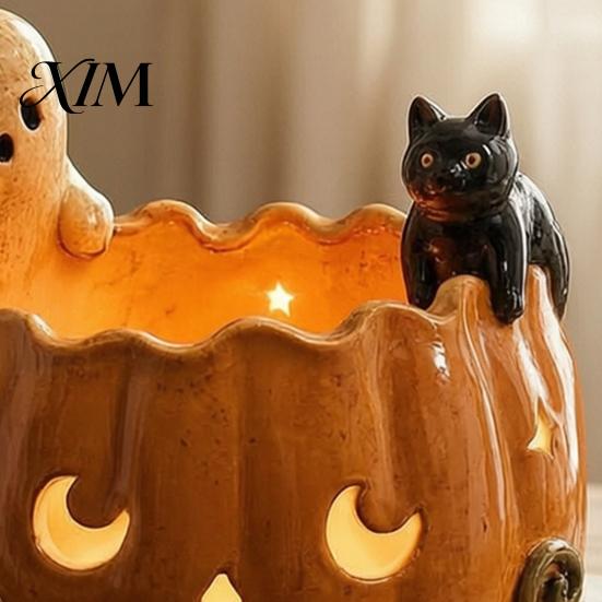 Fall Harvest Table Decor Halloween Pumpkin Candle Holder, Resin Ghost Black Cat Tea Light Candlestick for Lights Stand, Retro Distressed Decorative