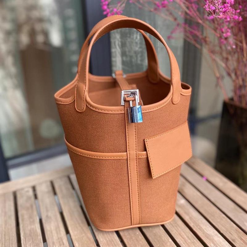 Foreign trade new vegetable basket bag swift cowhide with canvas splicing bucket bag fashionable casual hand bag