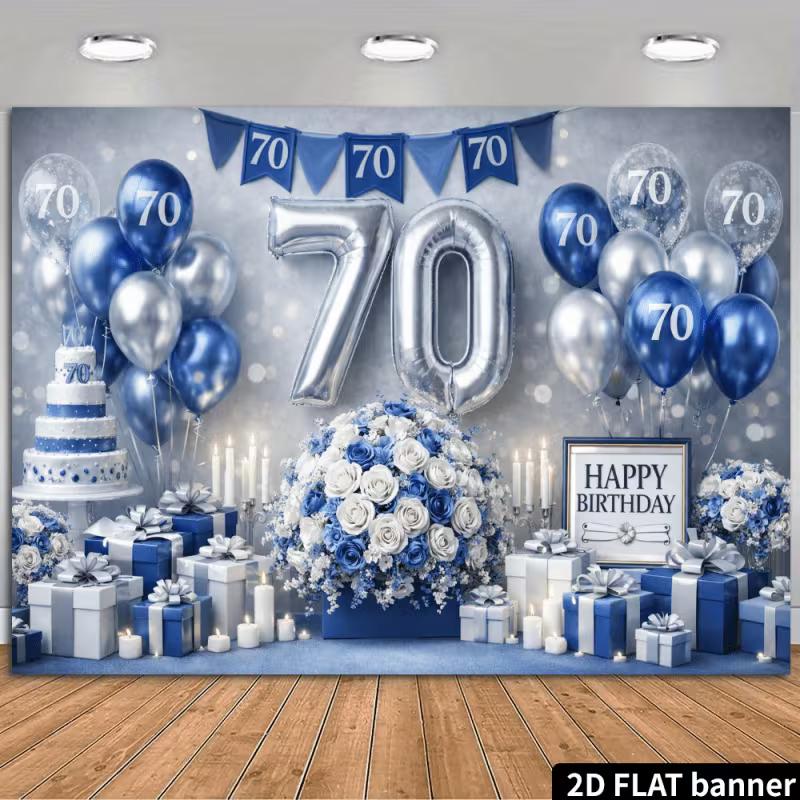 2D Blue & Silver 70th Birthday Backdrop with Balloons & Flowers