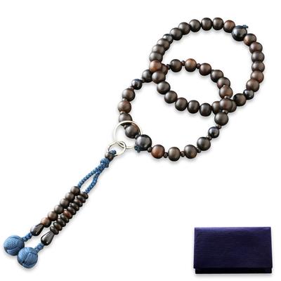 Kyoto Buddhistischer Altar Hayashi Gebetsperlen Jodo Sekte Ebenholz mit blauem Tigerauge Stein Offizielle Zeremonientasche Kyoto Gebetsperlen (Ungemahlen) (8 Stück)
