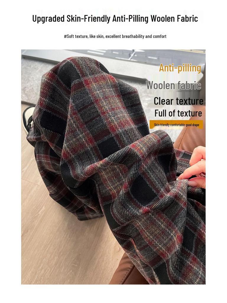 Women's Autumn 2026 Plaid Wool High-Waist Wide-Leg Floor-Length Pants