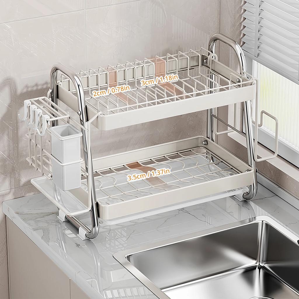 For Dish rack, Stainless steel dish drainer, Multi-functional 2-tier dish drying rack with draining tray, utensil holder, hooks