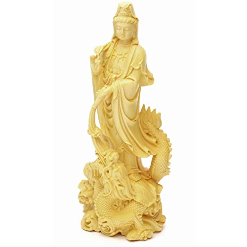 Dragon-riding Kannon Buddhist Statue, Approximately 17cm Tall, Natural Boxwood (Tsuge) Wood Carving, Dragon God, Dragon-riding Kannon, Dragon Kannon,
