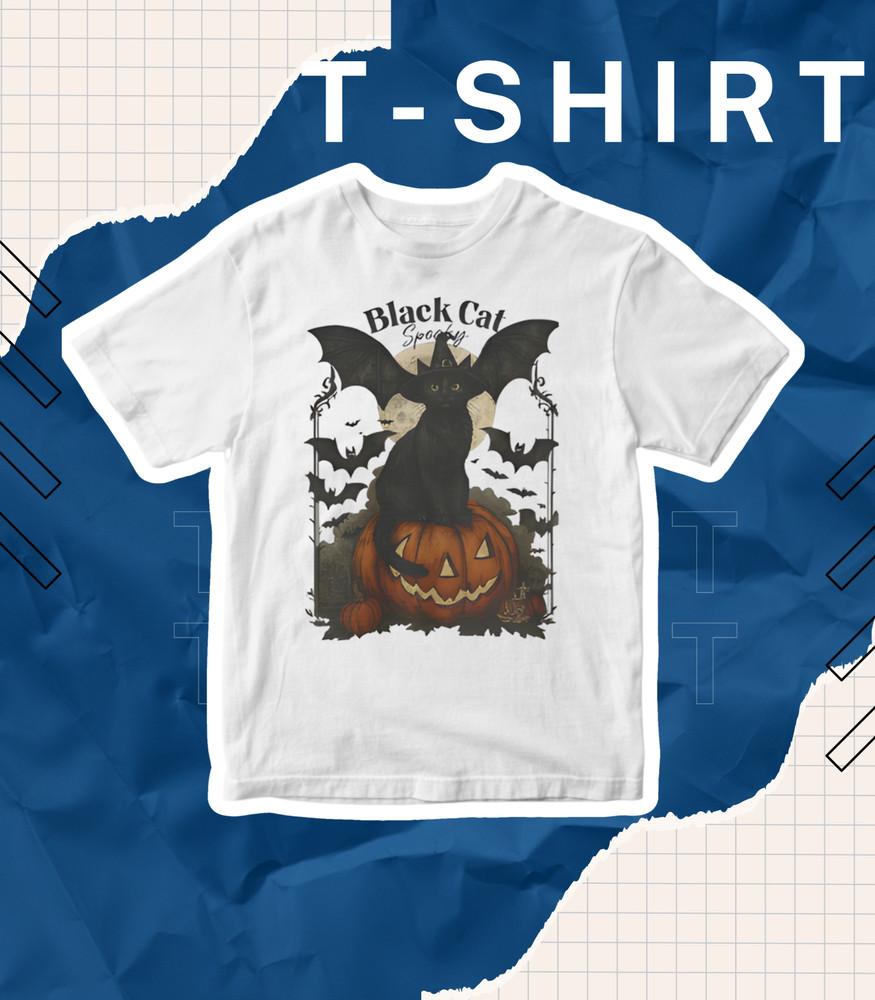 Black Cat Pumpkin T-Shirt| Spooky Bat Gothic Witch Halloween Hallo.