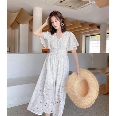 2025 French Fairy V-Neck Puff Sleeve Beaded White Beach Dress A2053