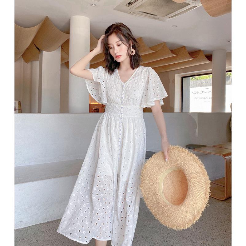 

2025 French Fairy V-Neck Puff Sleeve Beaded White Beach Dress A2053 Small білий