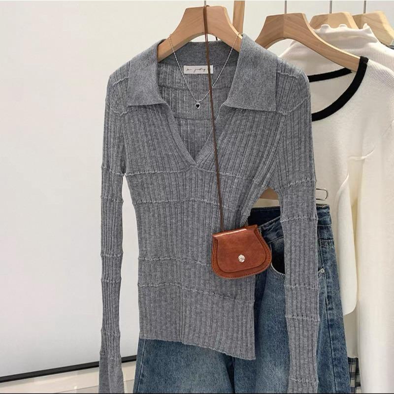 

Фиолетовый вязаный свитер с длинными рукавами в рубчик, женский, весенний, новый, облегающий и тонкий низ с мягким восковым топом внутри One size [recommended 80-60kg] серый