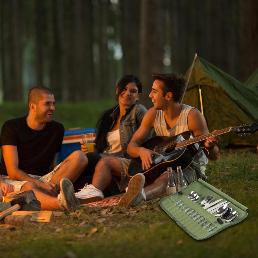Camping-Geschirr Rolltasche Küchen-Kochutensilien-Set Reise-Organizer Multifunktionale Bestecktasche Halter Gabeln Löffel
