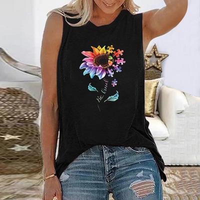 T-shirt sans manches à imprimé floral 3D pour femme, débardeur décontracté tendance à col rond, streetwear Y2K pour femme
