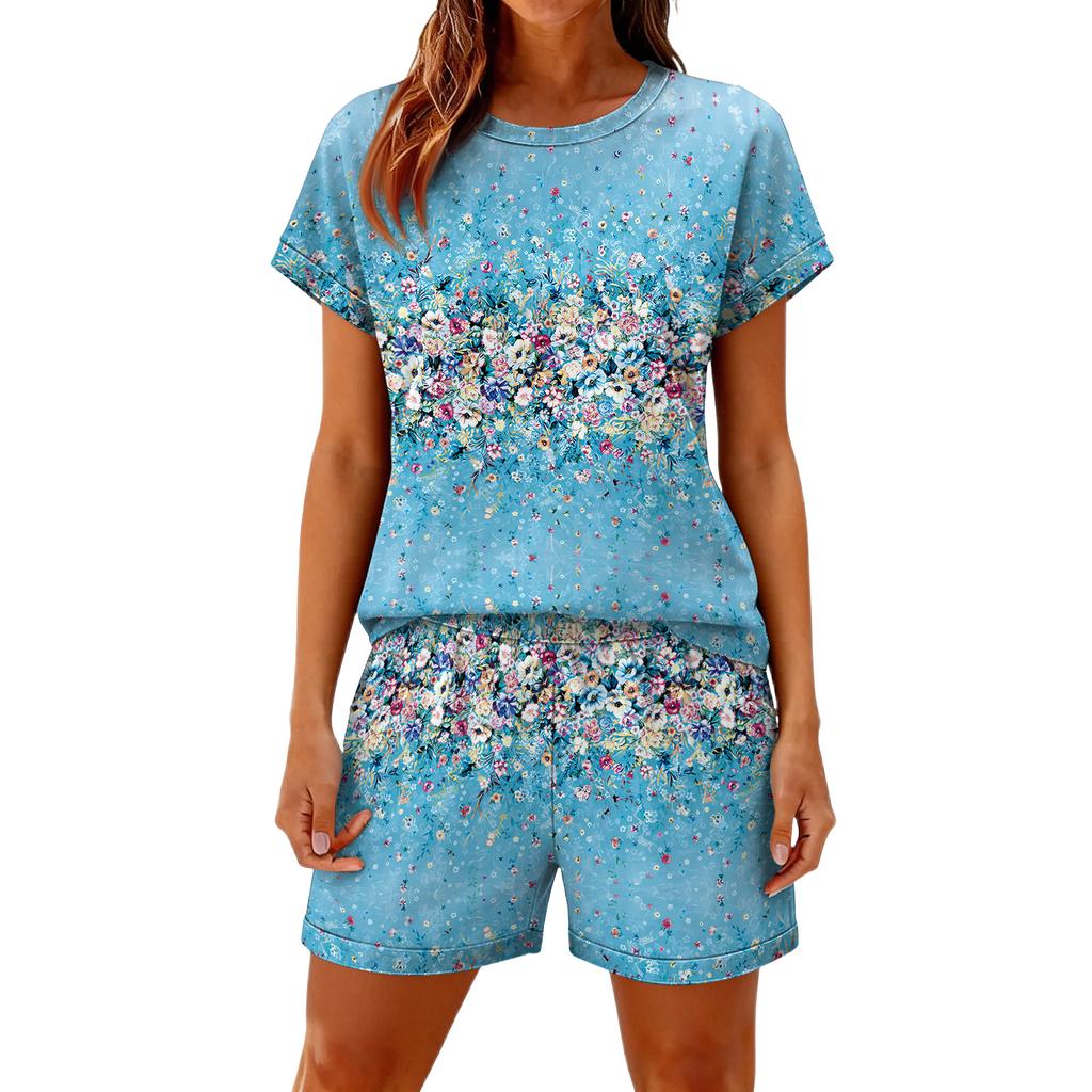 Women's Casual And Comfortable Floral-Print Short-Sleeve Set With Pockets