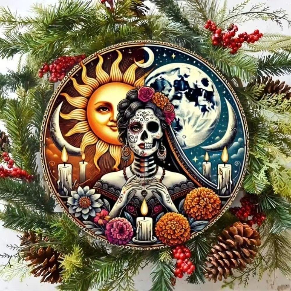 Day of the Dead Metal Tin Sign Catrina Skeleton Black Cat Wall Decor 20cm