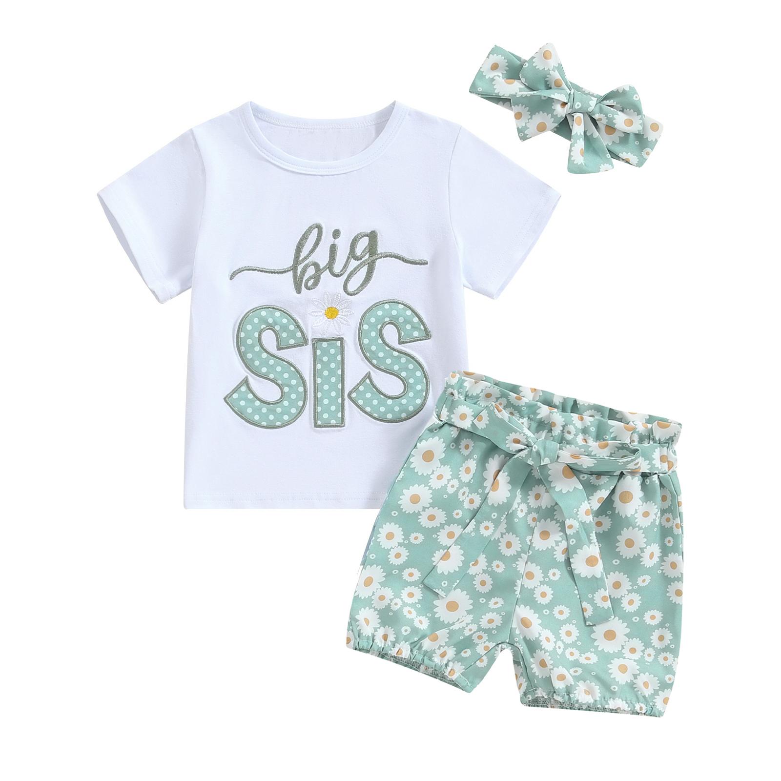 

Детский комплект с шортами для девочек, футболка с коротким рукавом и принтом букв, завязка, цветочные шорты, повязка на голову, летний наряд 2-3 Years зелёный