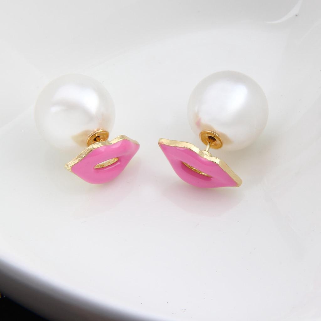E903 Creative Stud Earrings, Double Sided Pearl Lips Pearl Red Lip Size Stud Earrings Jewelry