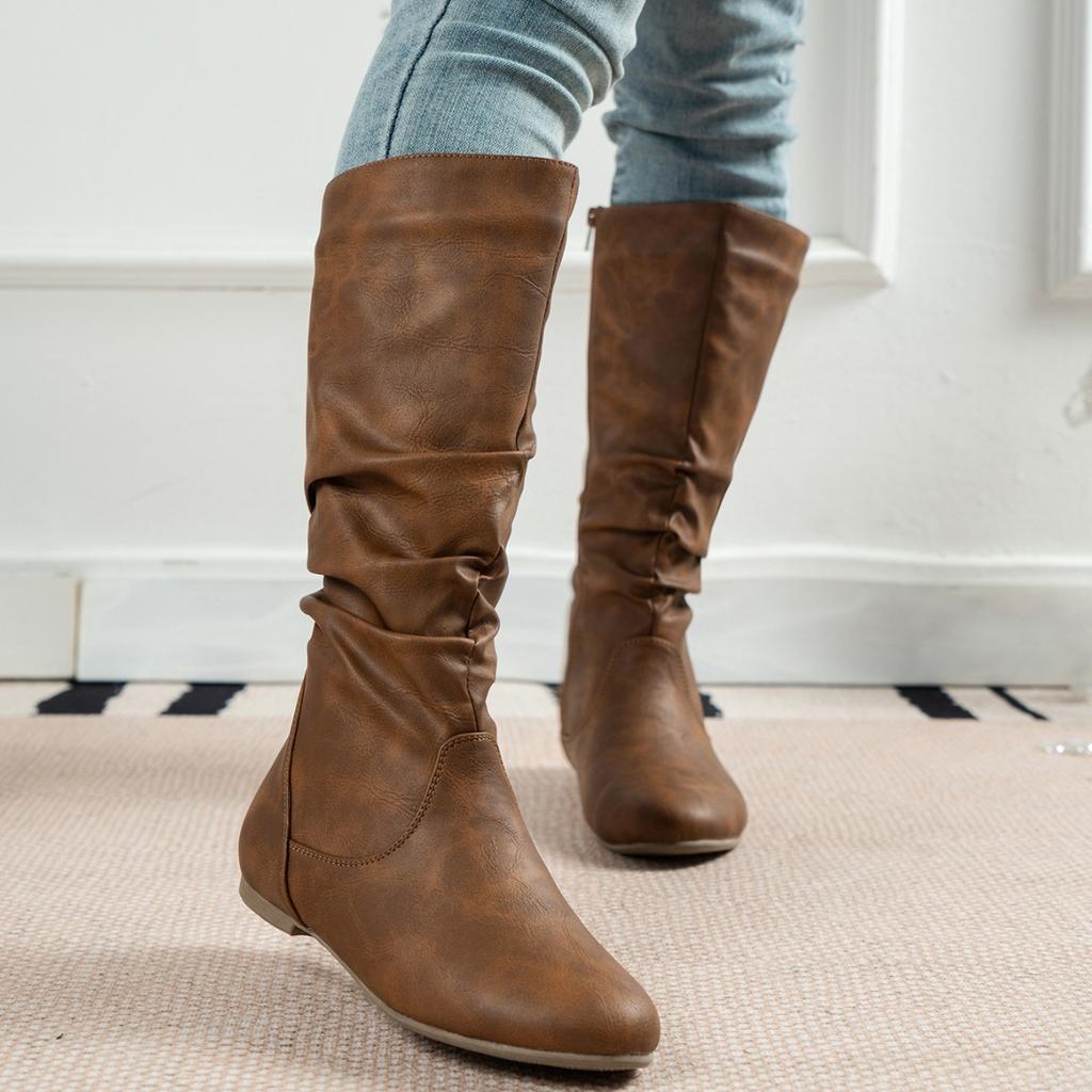 Große Größe Mittelhohe Stiefel Damen Seitenreißverschluss Gefaltete Stapelstiefel Flache Westernstiefel Cowboystiefel