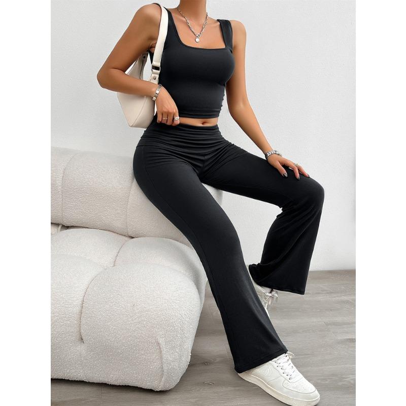 Women's Summer Casual Knitted Solid Color Sleeveless Vest Tight Trousers Set