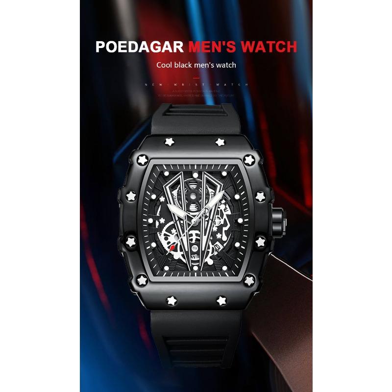 POEDAGAR Moderne Hohlzifferblatt Uhr Sport Top Marke Tonneau Wasserdicht Leuchtend Kalender Silikonarmband Herren Uhren Reloj Hombre