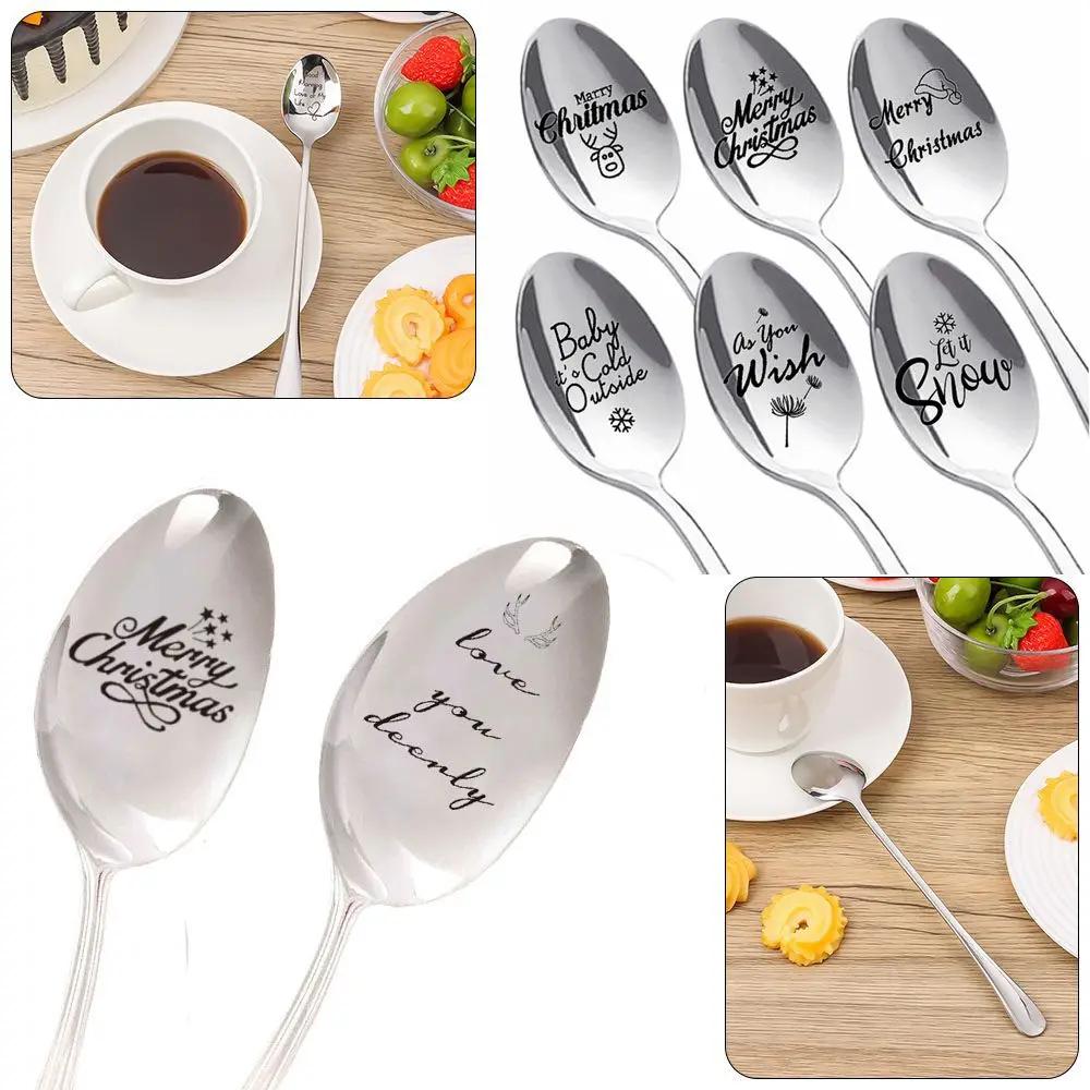 Stainless Steel Best Present Anniversary Tableware Engraved Spoon Coffee Spoons Christmas Spoon Teaspoon