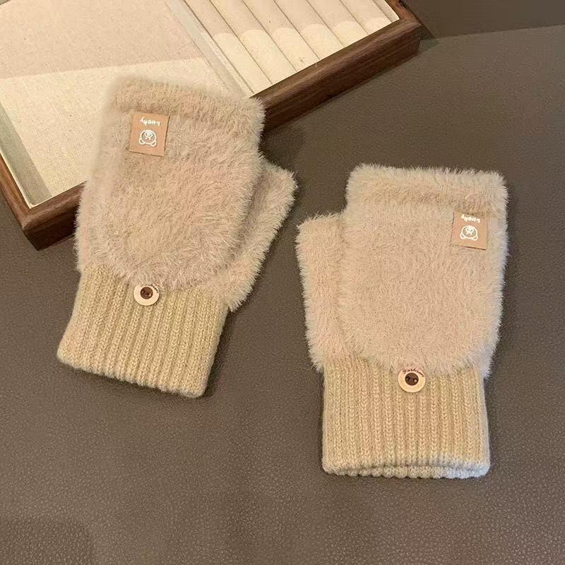 Women'S Winter Gloves Warm Plush Student Flip Top Mittens Writing Office Soft Fluffy Outdoor Thick Anti-Cold Half-Finger Gloves