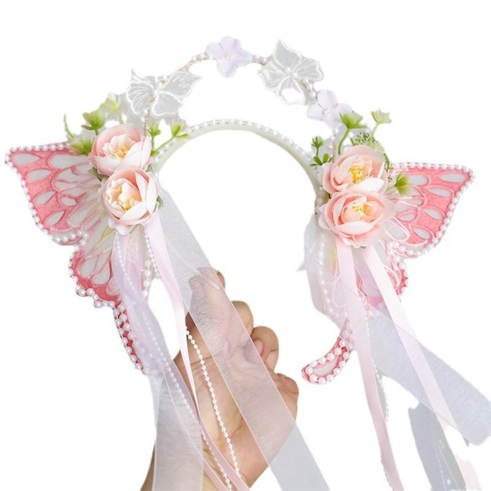 Silk Ribbon Butterfly Flowers Hairband Pearl Beads Decorative Headwear Floral Headwear  Women Wear