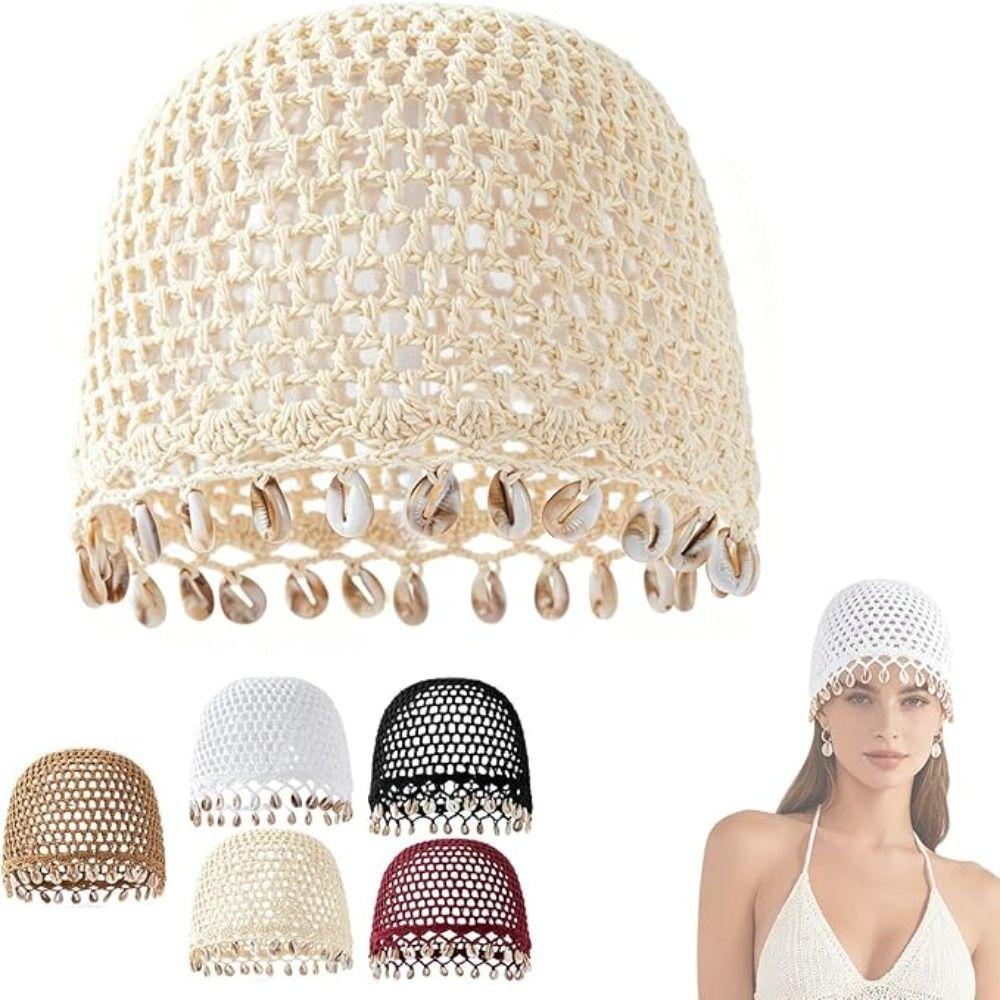 Cotton Crochet Shell Beanie Hat Breathable Hollow Out Knit Cap Summer Headwear Daily Wear