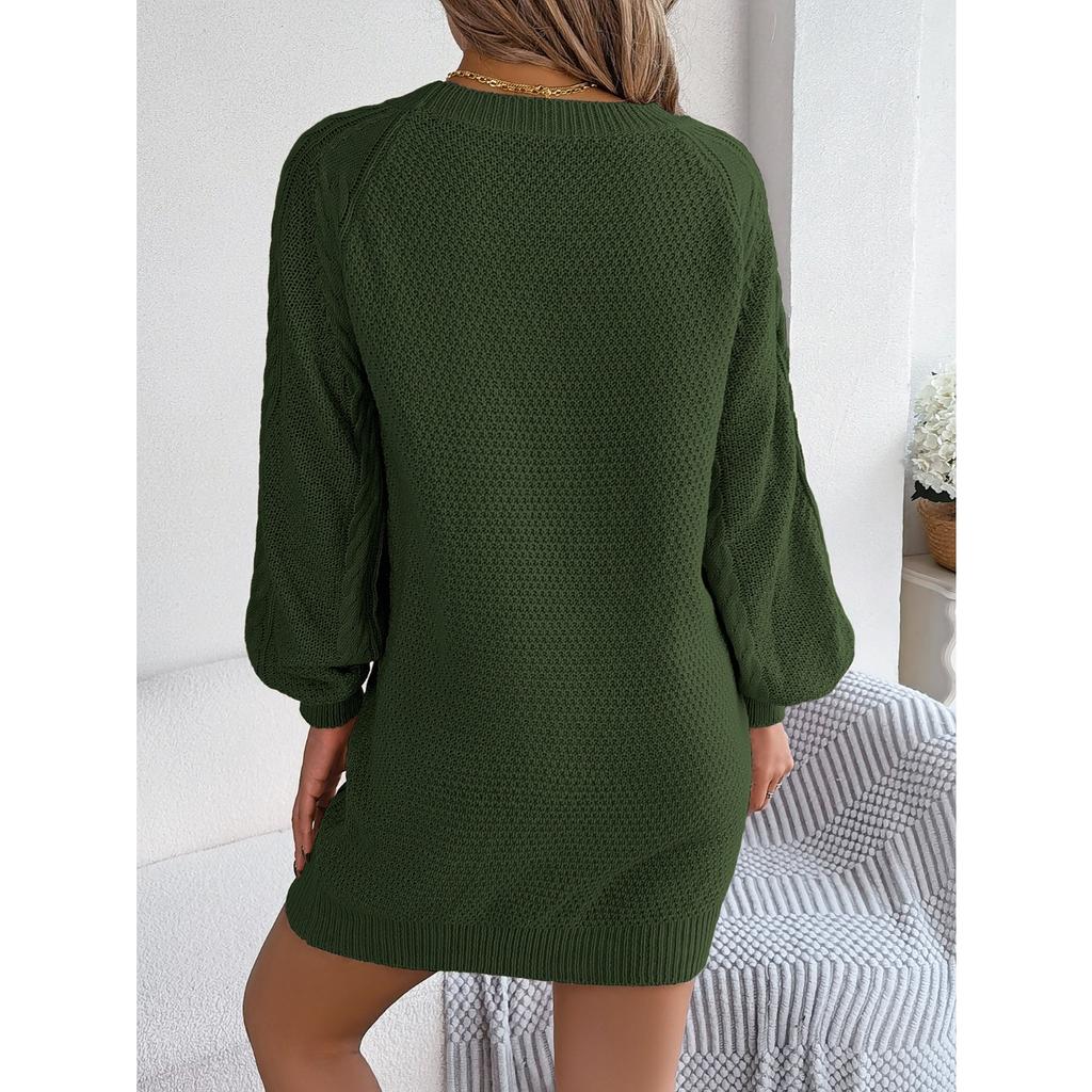 QICED Autumn and Winter Solid-color Twisted Waist Lantern Long-sleeved Woolen Dress Women's Clothing