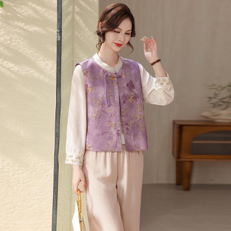 

2026 Spring Chinese-Style Embroidered Vest & Suit Set for Middle-Aged Women L [Up to 105 lbs]