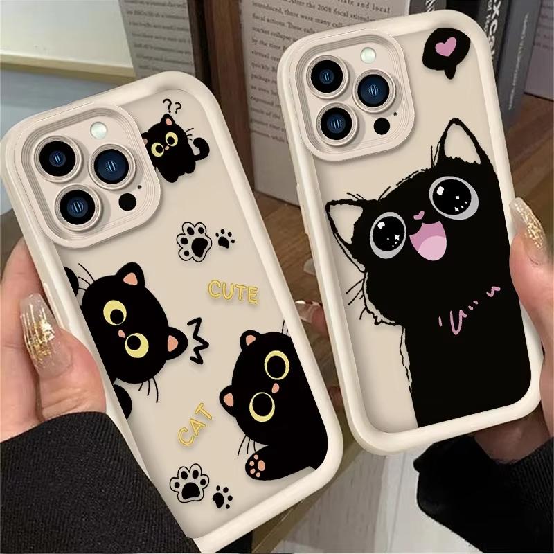 Lovely Black Cat love Heart Silicone Soft Phone Case For iPhone 16 15 14 13 12 11 Pro Max XS X XR 7 8 SE Shockproof