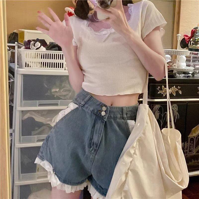 White Cute Short Sleeve Lace T-Shirt Women's Summer Top Sweet Slimming Cropped Tops