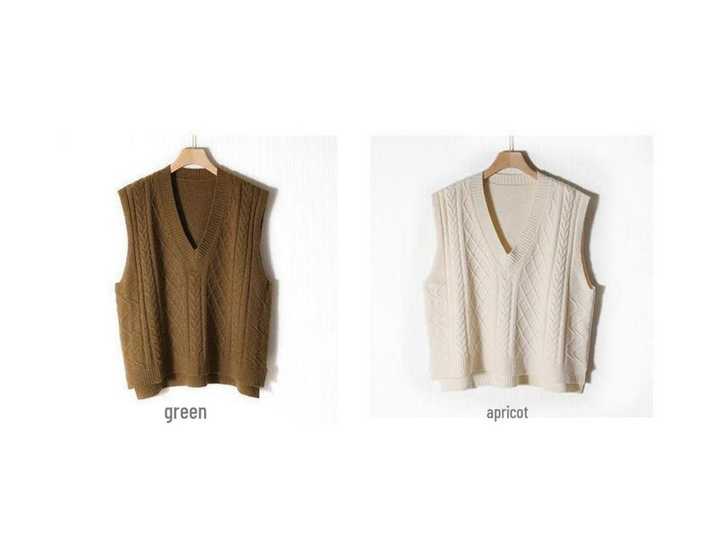 Women's Loose Fit Cable Knit V-Neck Sweater Vest - Autumn/Winter 2021, Thick OL Style, Korean Version.