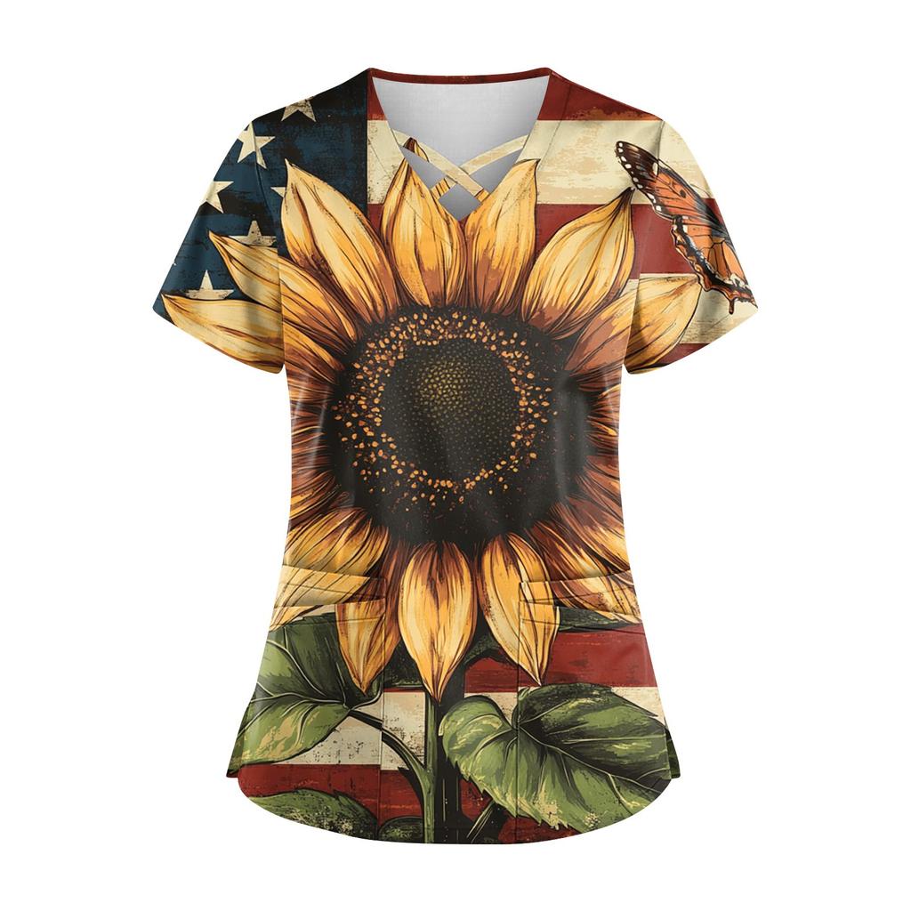 Women's Short Sleeve Stagger V Neck  Print Pocket Dry-nurse Top