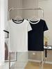 LOE Small Embroidery Retro Color Block Slimming Round Neck Short Sleeve T-Shirt for Women - Summer Edition