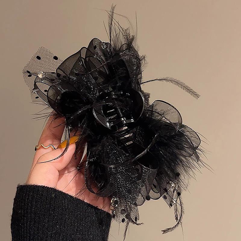 Romantic Black Lace Feather Big Bow Knot Hair Claw  Advanced Sense Hairpins For Women Girls Shark Clip Hair Accessories