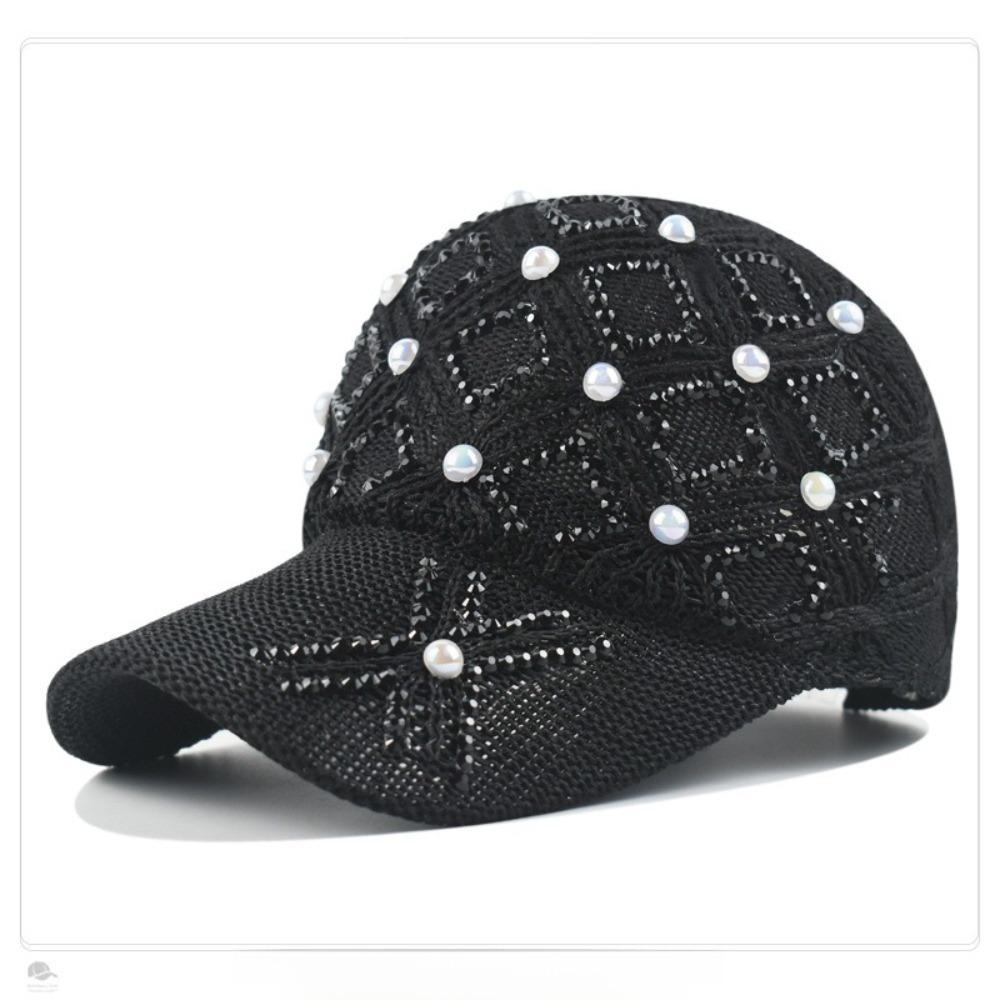 Hand Rhinestone Decor Rhinestone Pearl Sun Hat Hollow Knit Design Korean Trendy Cap Summer Season 1