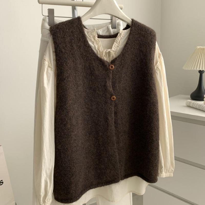 Literary Vintage Lazy Style Two Button Knitted Vest Women's Spring Autumn Sleeveless Split Sweater Gilet