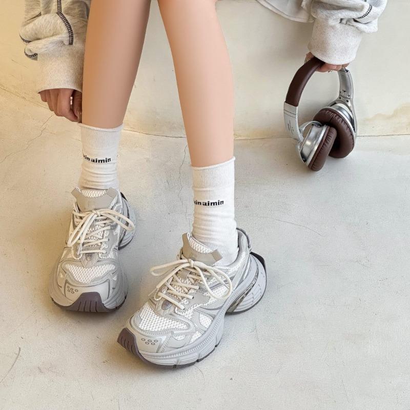 Spring and Autumn New Leather Silver Daddy Shoes Women's Platform Muffin Mesh Versatile Small Casual Shoes