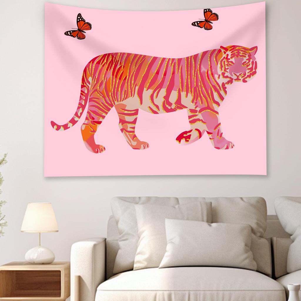 VIKAMA Tiger Künstlerischer Wandteppich Rosa Schmetterling Wandbehang Stoff für Mädchen Schlafzimmer Wohnzimmer Wohnheim Dekoration