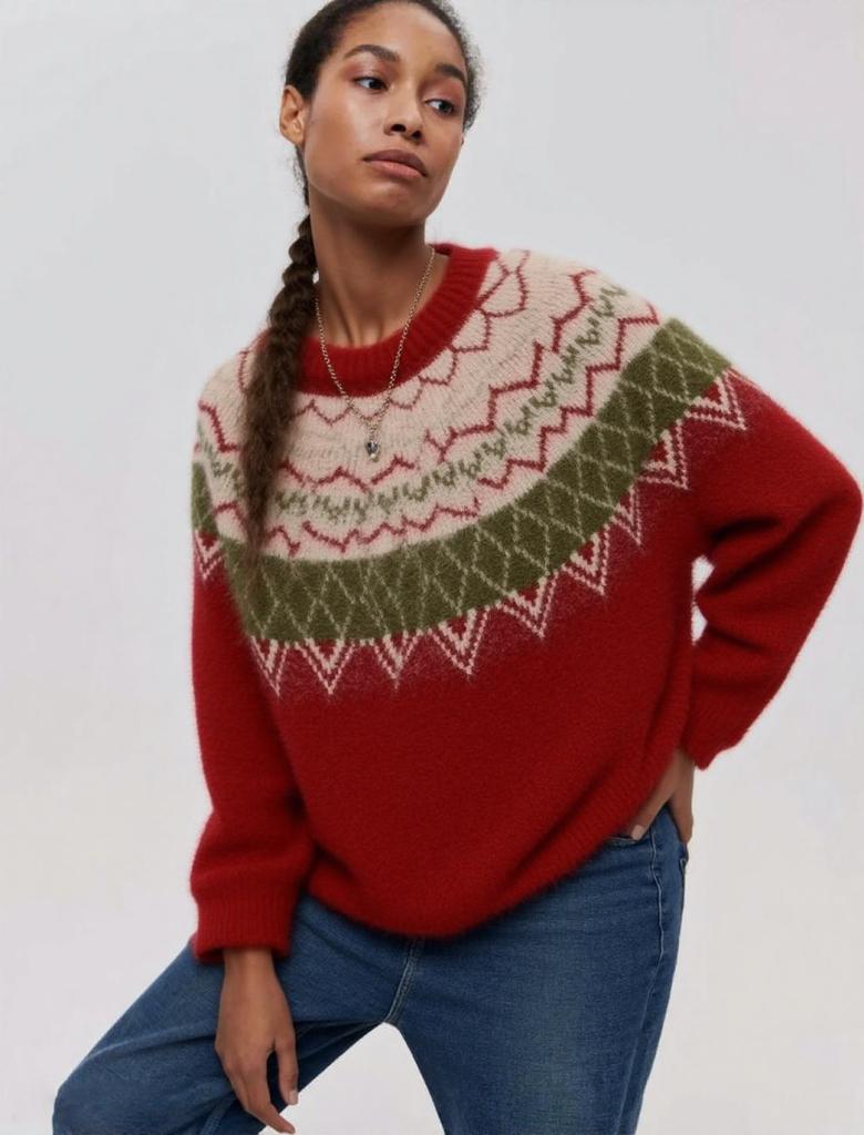 Fair Island Christmas Wind Knitted Sweater Jacquard Pattern Soft Waxy Plush Atmosphere Sweater Women's Loose Type