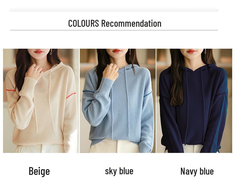 Women's Casual Hooded Cashmere Wool Knit Sweater - Pure Loose Fit Fashion for Spring, Autumn, and Winter