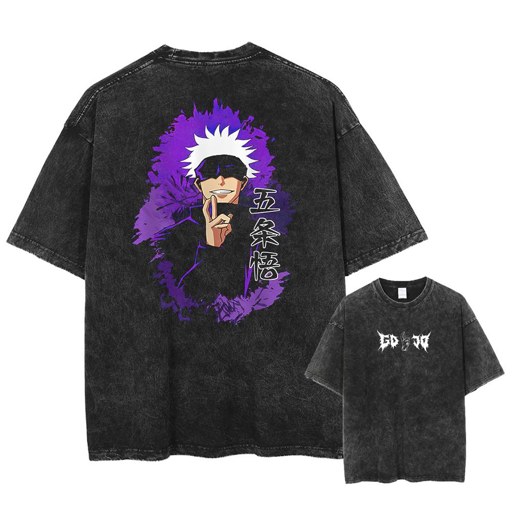 Japan Anime Jujutsu Kaisen Gojo Satoru Print Washed Tshirt Men High Quality Cotton T-shirts Manga Casual T Shirt Harajuku Tops