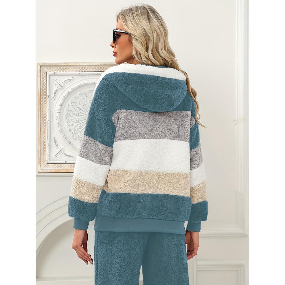 Damen Mehrfarbiger Flauschiger Kapuzenmantel, Lockere Warme Plüschjacke für Herbst Winter