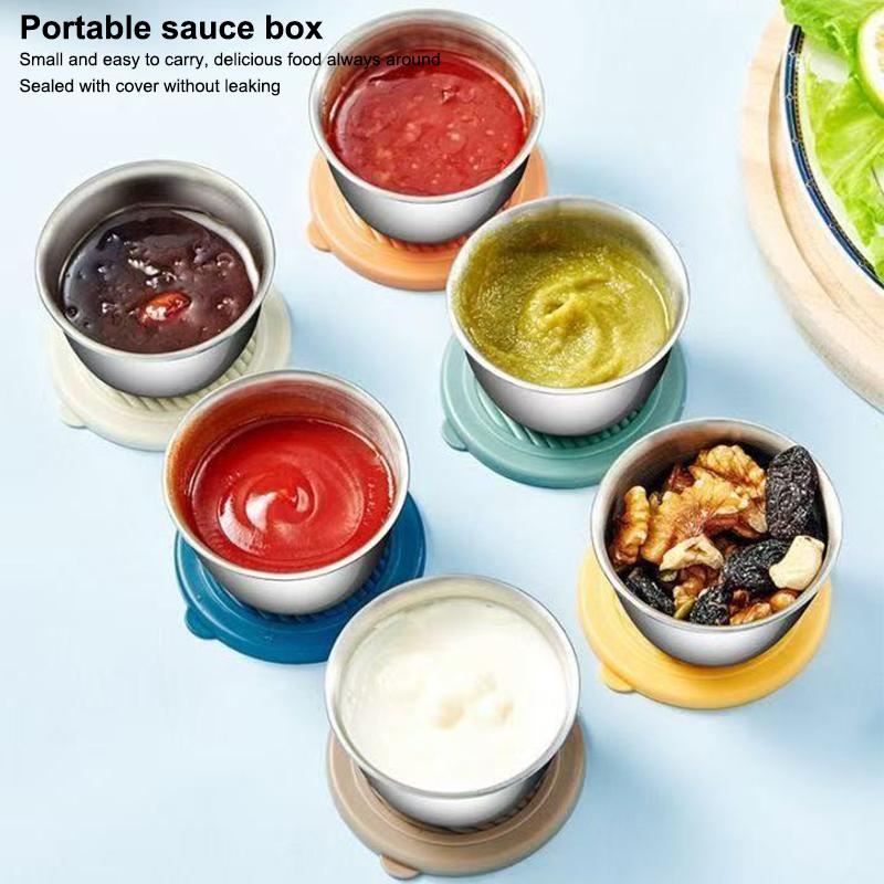 Recipiente para Molho e Tempero em Aço Inoxidável 304 50ml Copo para Molho Tampa de Silicone à Prova de Vazamento Prato para Molhar Salada Pequena Caixa de Armazenamento