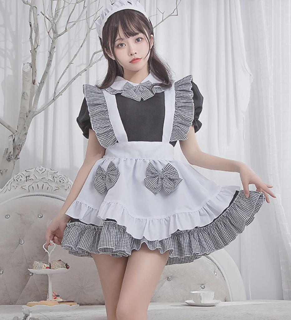 Damen Faul Lolita Dienstmädchen Cosplay Kurzes Kleid über dem Karomuster, Ärmel, Schürze, Knie, Mini, Grau, (Klein)