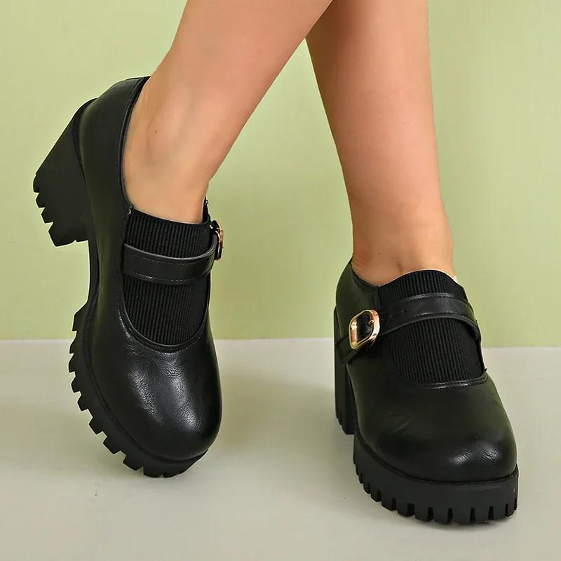 Fashion 2024 New Chunky Platform Ankle Boots Women Buckle Decor Faux Leather Boots Classics Black Big Size Slip Non Booties