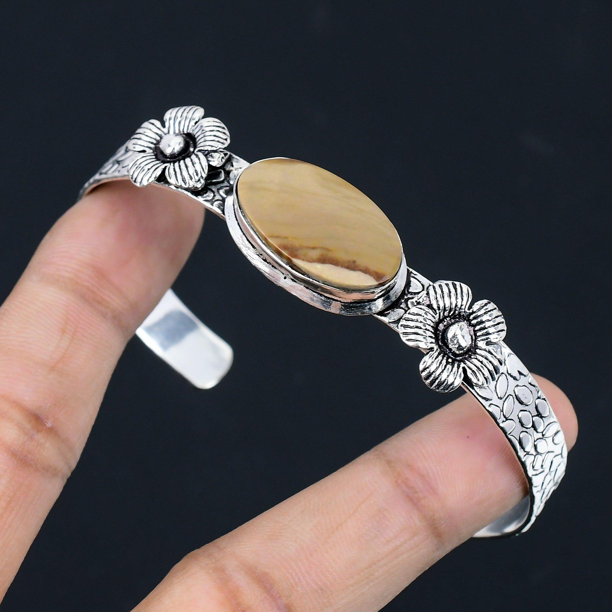 

Natural Landscape Jasper Wedding Flower Handmade Bangle Bracelet Sterling Silver Adjustable